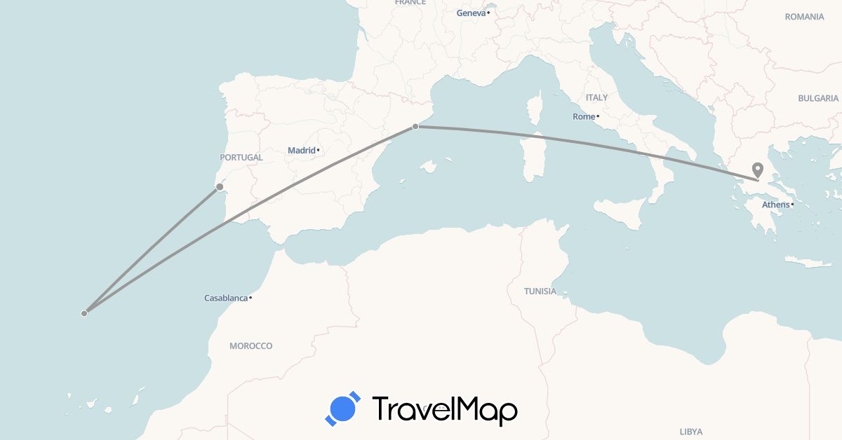 TravelMap itinerary: driving, plane in Spain, Greece, Portugal (Europe)